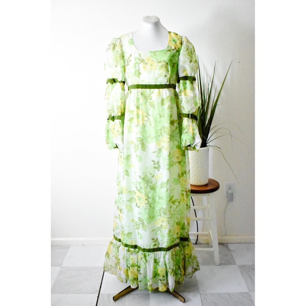 Vintage Maxi Dress Womens S Green Yellow Late 60s Floral Velvet Empire Waist